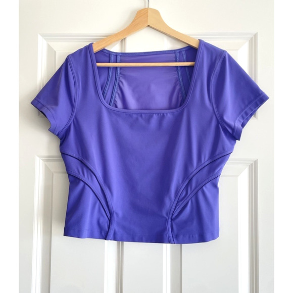 Lululemon Size 10 Square Neck Mesh Nulu Yoga T Shirt Cropped Tee Charged Indigo - Picture 2 of 7